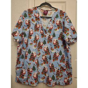 Divine Curves Plus Size 3X Womens Scrub Top Christmas Santa Trees Blue Red Green